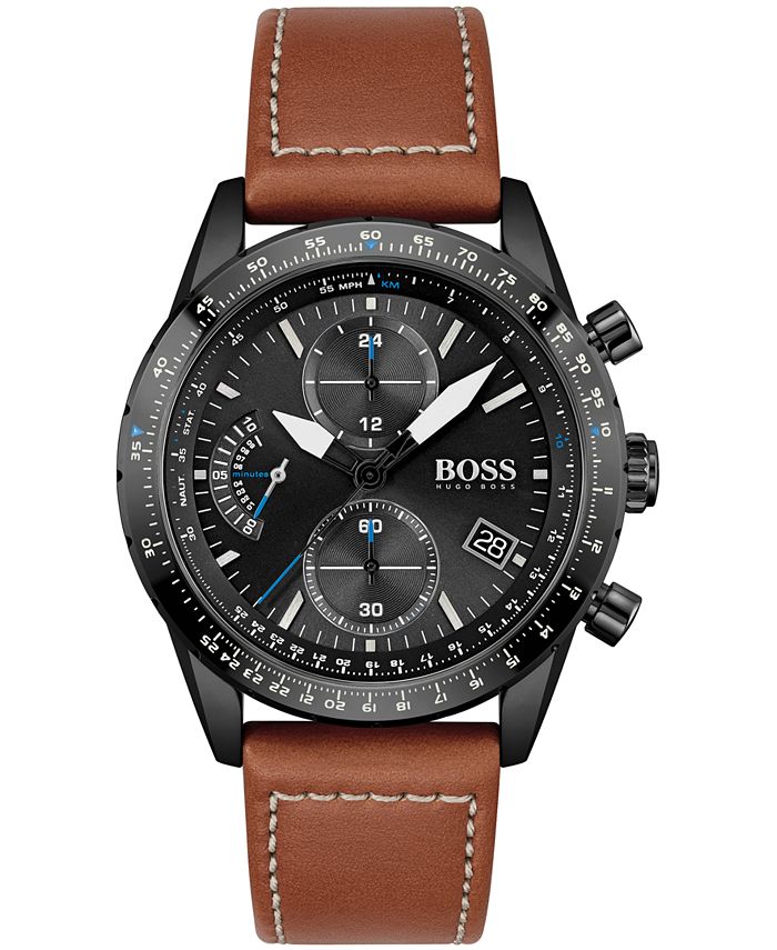 BOSS - Men's Chronograph Pilot Brown Leather Strap Watch 44mm