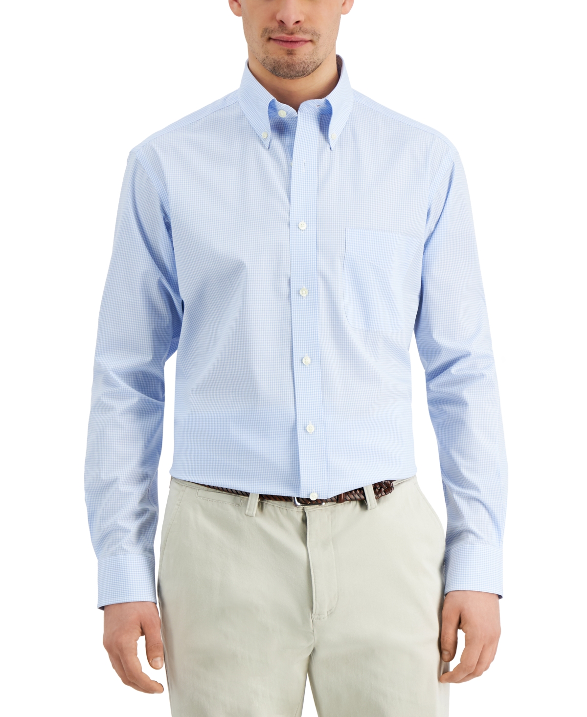 Men's Regular Fit Mini Gingham Dress Shirt, Created for Macy's - Light Blue