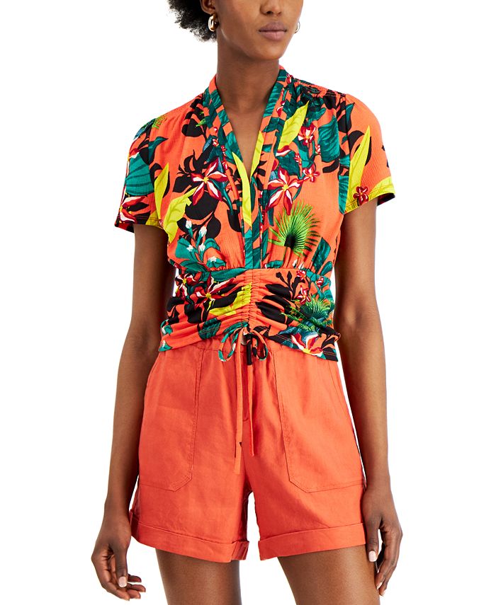 INC International Concepts Petite Printed Ruched Top, Created for Macy ...
