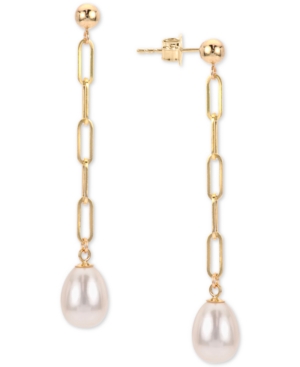 Macy's Cultured Freshwater Pearl (7-8mm) Paperclip Drop Earrings In 14k Gold