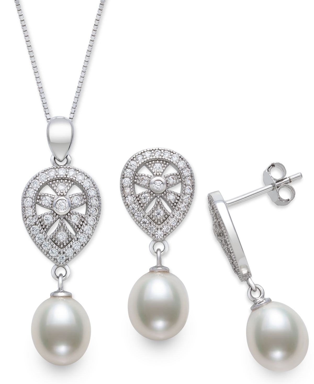 2-Pc. Set Cultured Freshwater Pearl (8mm) & Cubic Zirconia Teardrop Pendant Necklace & Matching Drop Earrings in Sterling Silver - Sterli