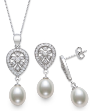 Shop Belle De Mer 2-pc. Set Cultured Freshwater Pearl (8mm) & Cubic Zirconia Teardrop Pendant Necklace & Matching Drop In Sterling Silver