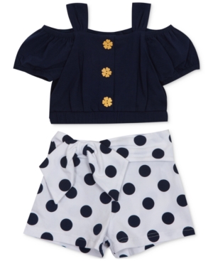 Rare Editions Baby Girls 2-Pc Cold-Shoulder Top & Dot-Print Shorts Set