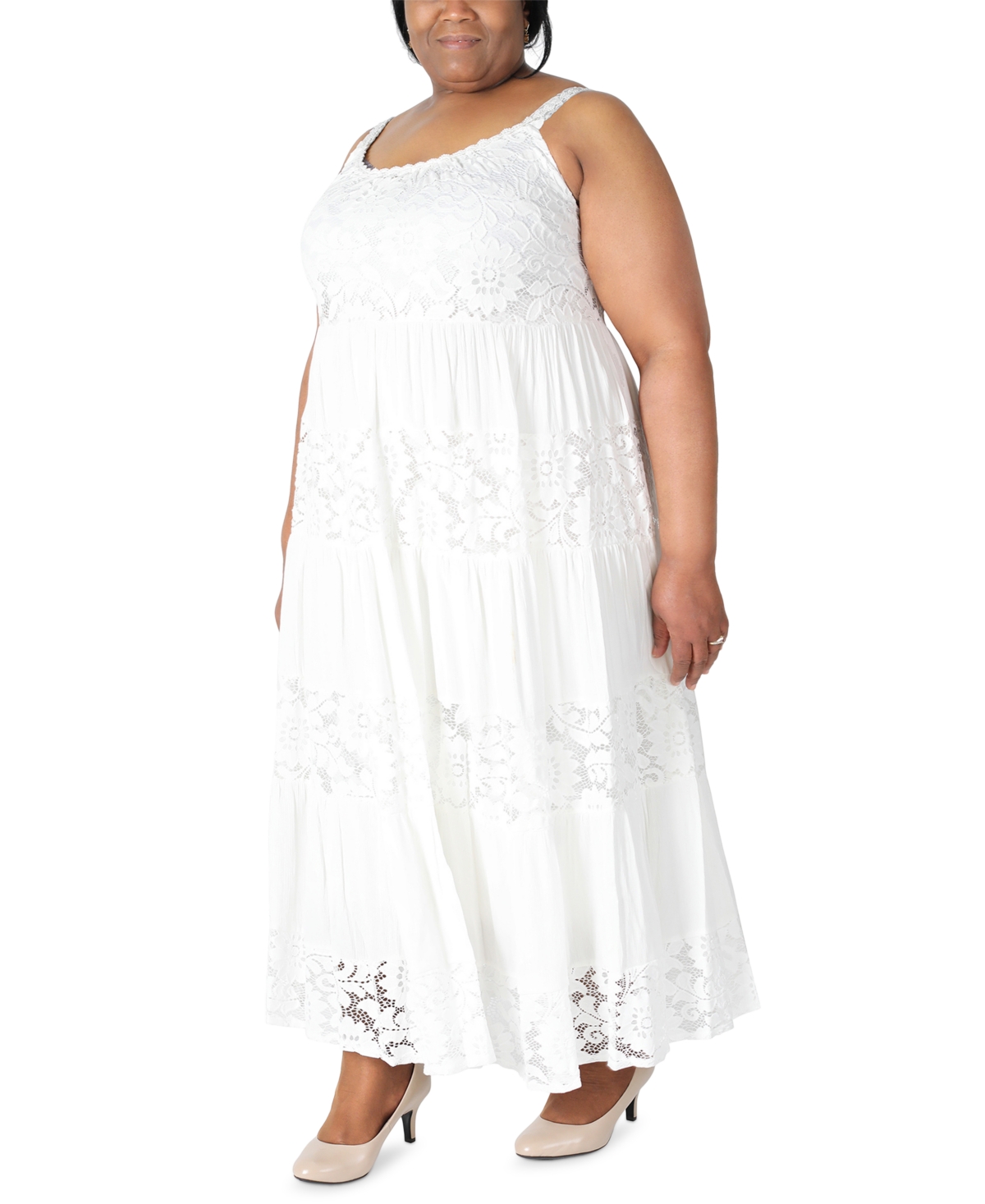 Shop Robbie Bee Plus Size Lace Scoop-neck Tiered Midi Dress In White