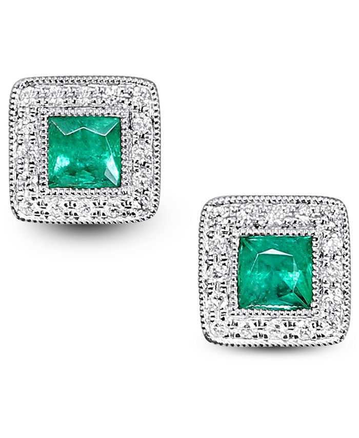 Macy's - Emerald (3/8 ct. t.w.) & Diamond (1/8 ct. t.w.) Square Halo Stud Earrings in 14k White Gold