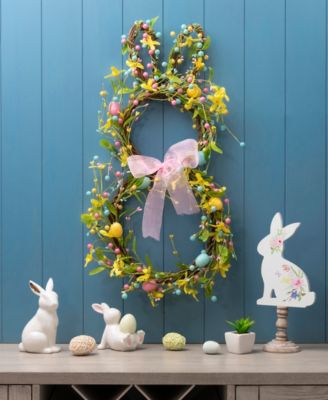 24.5"H Easter Bunny Shaped Wreath with Eggs Satin Ribbon Bow