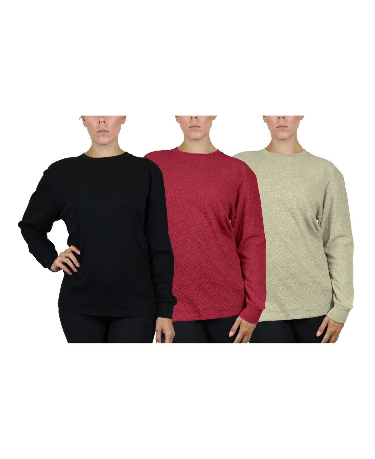 Women's Loose Fit Waffle Knit Thermal Shirt, Pack of 3 - Burgundy, Heather Oatmeal