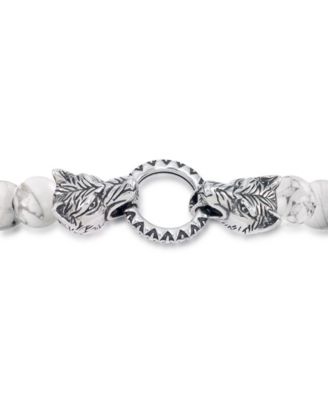 Men's Tiger's Eye Bead Wolf Head Stretch Bracelet in Stainless Steel (Also in Onyx & White Agate)