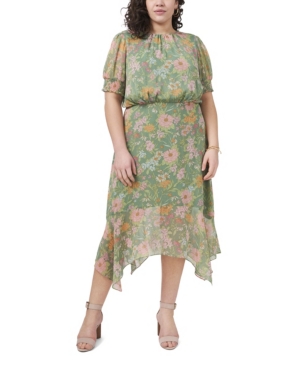 Plus Size Puff Sleeve Verona Gardens Asymmetric Hem Dress