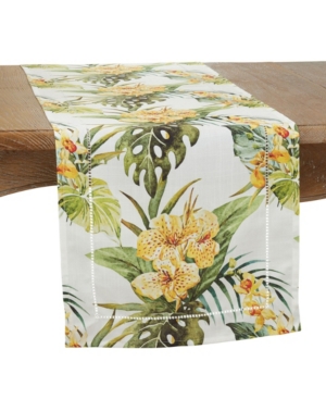 Saro Lifestyle Hemstitch Table Runner With Tropical Flower Design, 72" X 16" In Brown Overflow