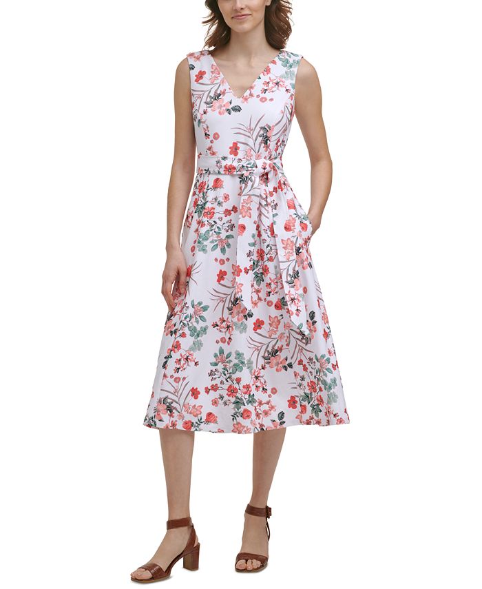 Calvin Klein Floral-Print Belted A-Line Dress & Reviews - Dresses ...