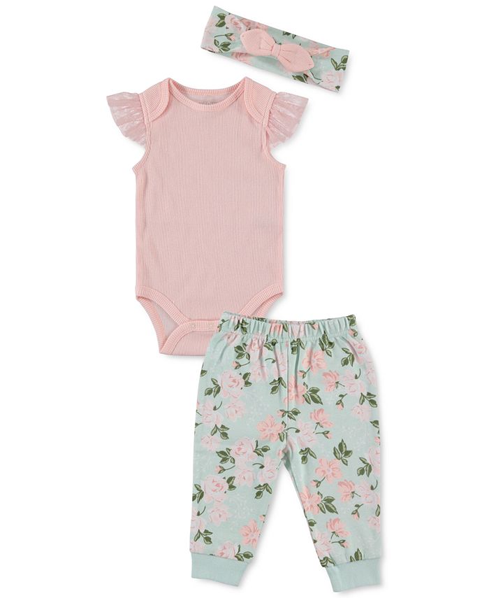 Kyle & Deena Baby Girls 3Pc. Cotton Bodysuit, Jogger Pants & Headband