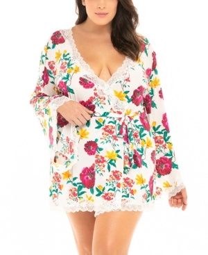 OH LA LA CHERI PLUS SIZE BUTTERFLY SLEEVE ROBE WITH FLORAL LACE EDGES AND WAIST TIE