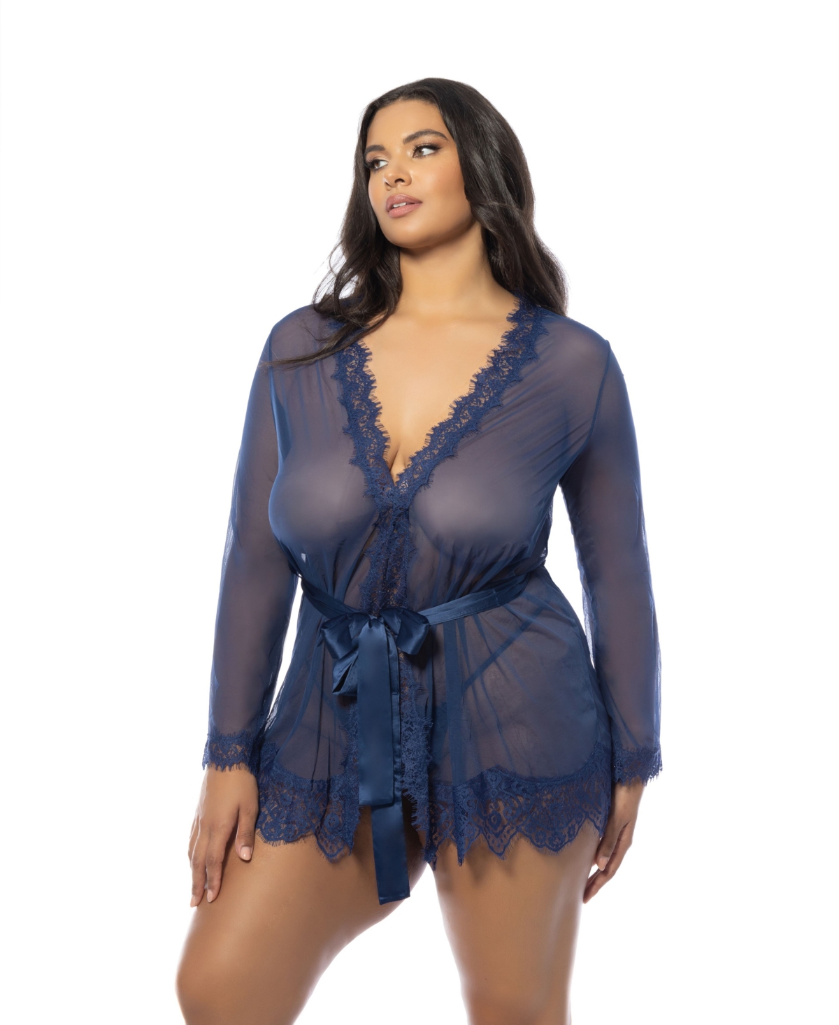Plus Size Eyelash Lace Robe with Satin Sash and G-String Lingerie Set - Navy06