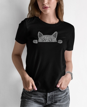 LA POP ART WOMEN'S WORD ART PEEKING CAT T-SHIRT 