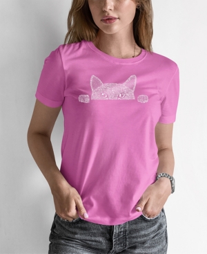 La Pop Art Women's Word Art Peeking Cat T-shirt In Pink