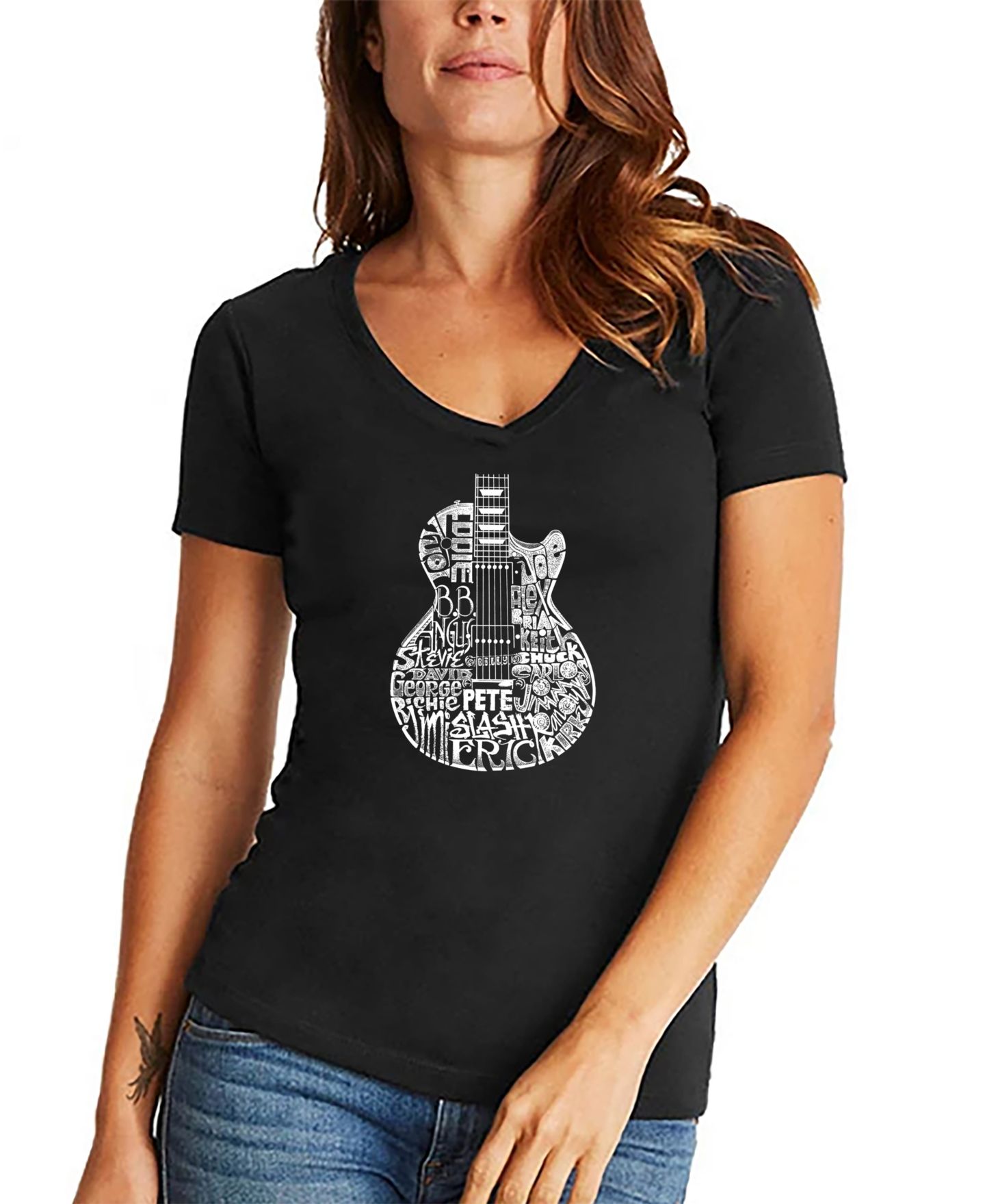 Женская футболка LA Pop Art Word Art Rock Guitar Head V-Neck, цвет: Чёрный — фото 1