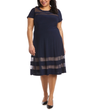 R & M Richards Illusion-inset Fit & Flare Dress In Navy/nude