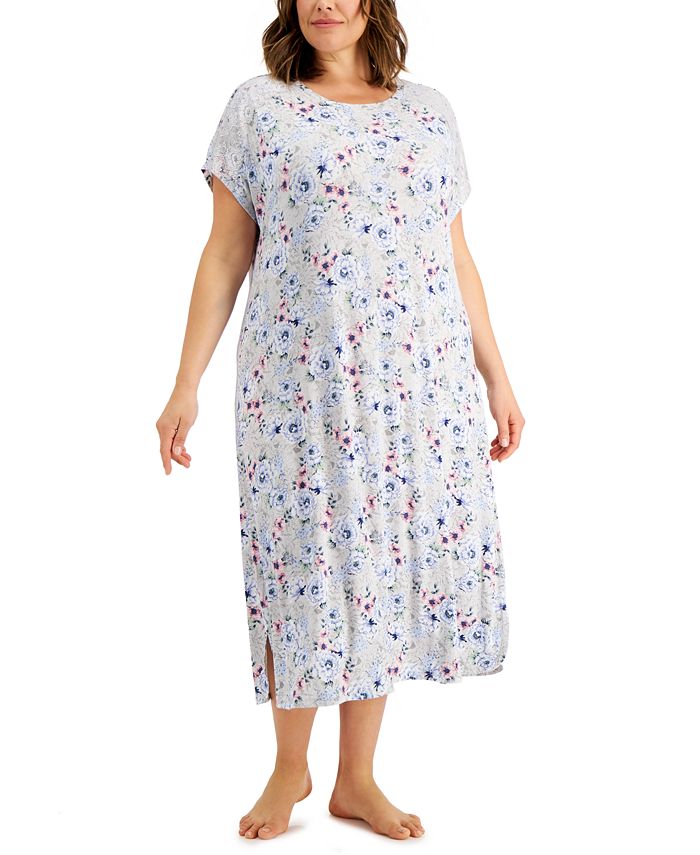 Charter Club Plus Size Lace-Trim Floral-Print Nightgown, Created for ...