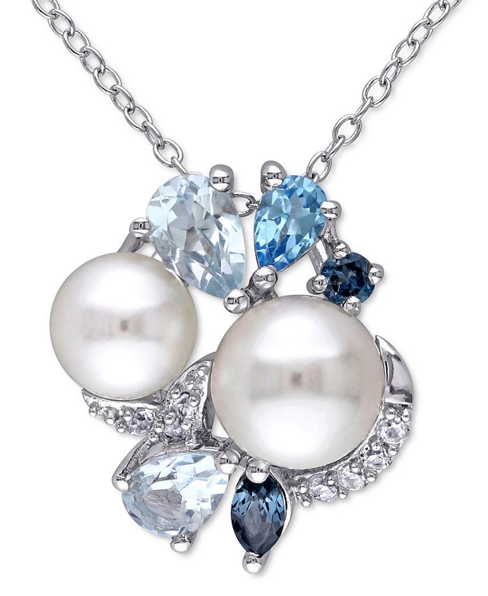 Macy's - Cultured Freshwater Pearl (6-1/2 & 7-1/2mm) & Multicolor Topaz (1-1/2 ct. t.w.) 18" Pendant Necklace in Sterling Silver