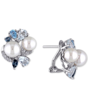 Macy's Cultured Freshwater Pearl (6-1/2 & 7-1/2mm) & Multicolor Topaz (3 Ct. T.w.) Stud Earrings In Sterlin In Silver