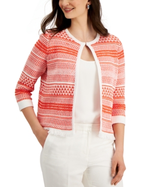 Kasper Petite Printed Fringe-Trim Cardigan
