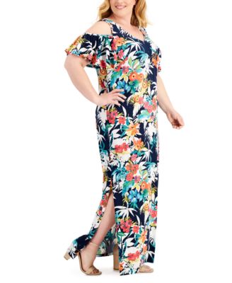 Connected Plus Size Printed Cold-Shoulder Maxi Dress 