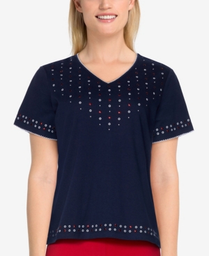 Alfred Dunner Women's Missy Americana Solid Beaded Top In Navy