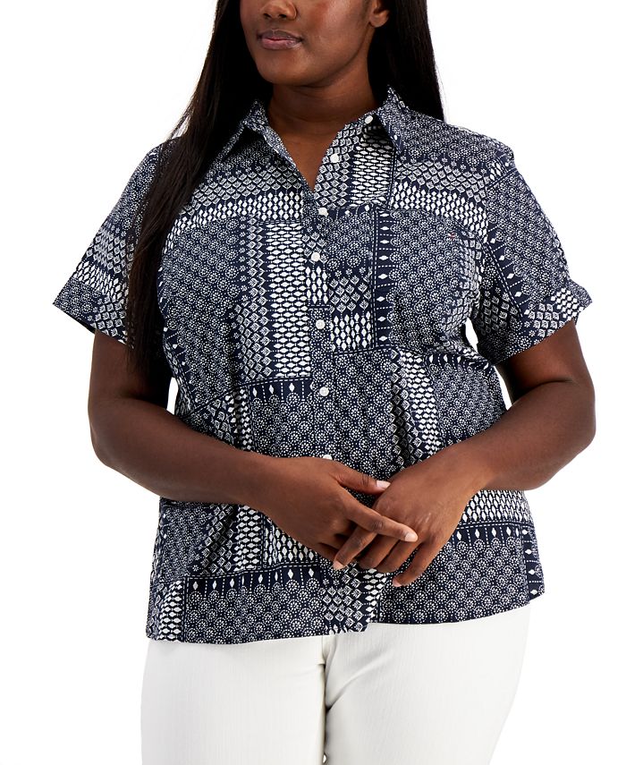 Tommy Hilfiger Plus Size Patchwork Camp Shirt - Macy's