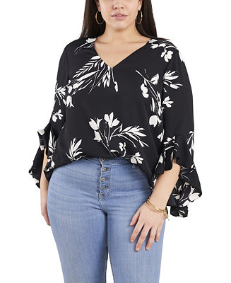 Vince Camuto Plus Size Flutter Sleeve Floral Whisps V-Neck Tunic - Macy's