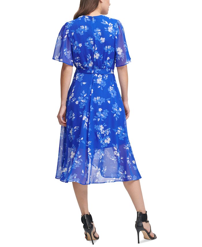 DKNY Floral-Print Asymmetrical-Hem Flutter-Sleeve Dress - Macy's