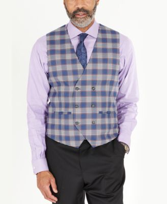 Tayion Collection - Men's Classic-Fit Blue & Pink Plaid Double-Breasted Vest