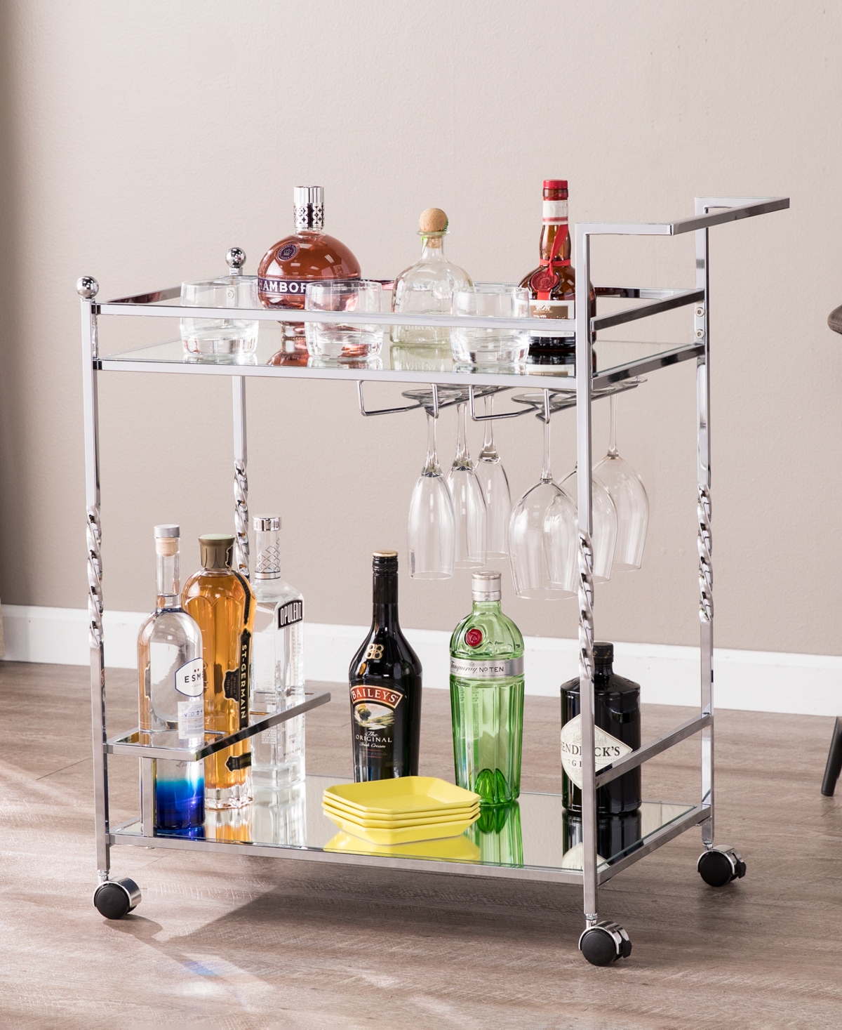 Ivers Metal Mirrored Bar Cart - Chrome Finish with Mirror
