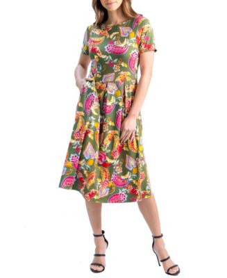 24seven Comfort Apparel Women's Short Sleeve Paisley Pocket Midi Dress ...