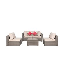 5 Piece Outdoor Patio Rattan Wicker Sofa Conversation Set with Coffee Table and Cushions