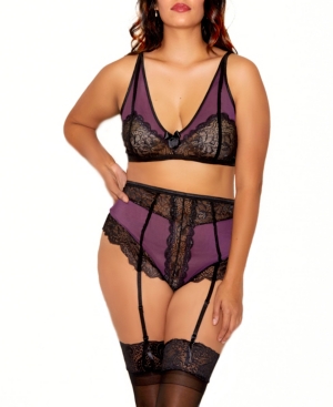 ICOLLECTION RIPLEY PLUS SIZE FLORAL LACE BRALETTE AND GARTER PANTY SET WITH SATIN GARTER BELTS SET, 2 PIECE
