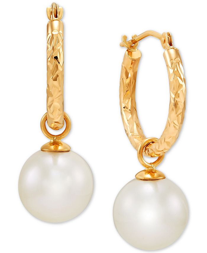 Macy's Cultured Freshwater Pearl (9mm) Dangle Hoop Earrings in 14k Gold ...