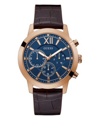 GUESS - Men's Multi-Function Rose Gold-Tone Brown Leather Silicone Strap Watch 45mm