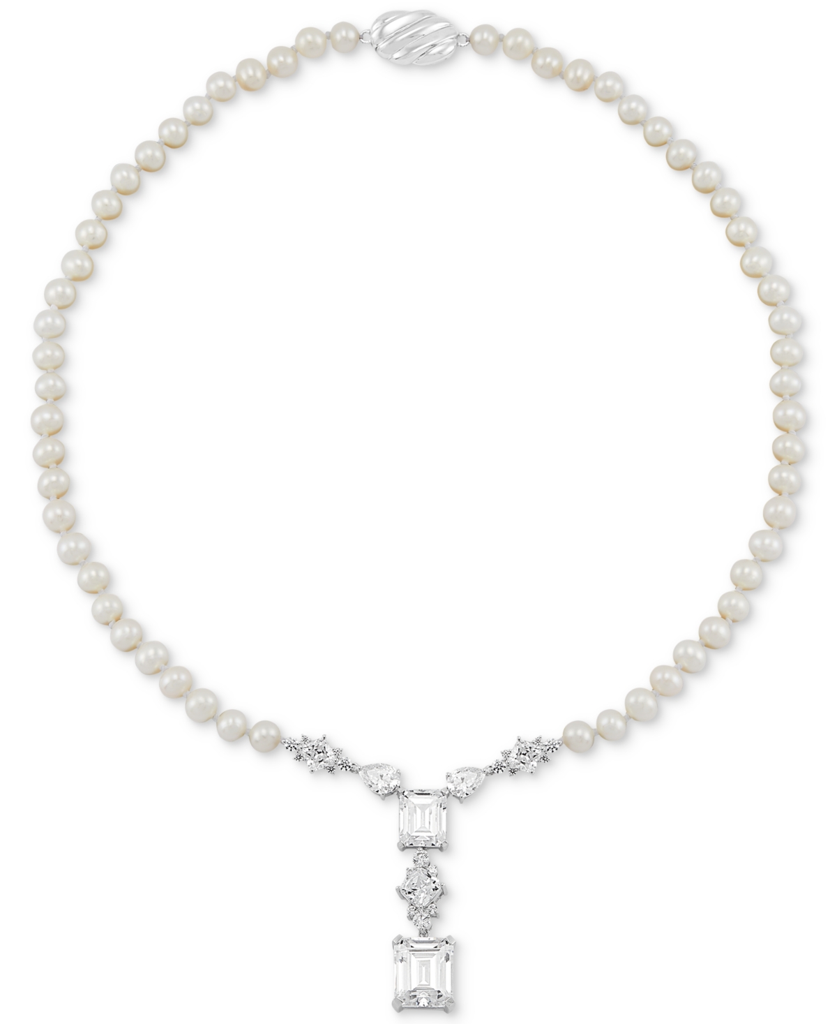 Cultured Freshwater Pearl (5-6mm) & Cubic Zirconia 18" Statement Necklace in Sterling Silver - Sterling Silver