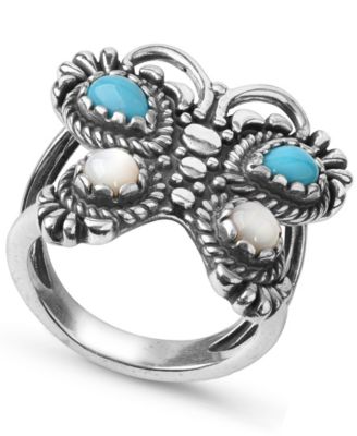 American West - Turquoise Mother of Pearl Butterfly Ring in Sterling Silver