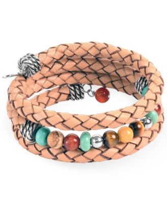 Macy's - Sterling Silver Multi-Colored Beads and Braided Leather Coil Bracelet