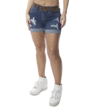 DOLLHOUSE JUNIORS' RIPPED BELTED DENIM SHORTS