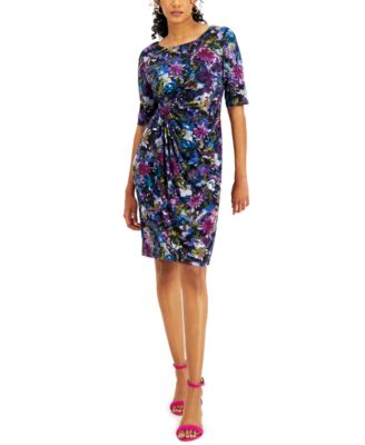 Connected - Petite Printed Gathered-Detail Sheath Dress