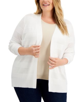Karen Scott - Plus Size Cotton Pointelle Open-Front Cardigan
