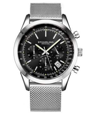 Stuhrling Men's Quartz Chronograph Date Silver-tone Stainless Steel Mesh Bracelet Watch 44mm In Black