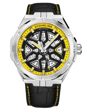 Stuhrling Men's Automatic Black Alligator Embossed Genuine Leather Strap With Yellow Stitching Watch 44mm