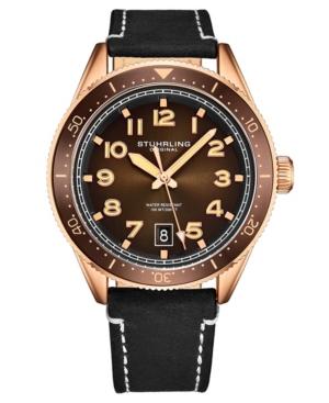 Stuhrling Men's Black Genuine Leather Strap With White Contrast Stitching Watch 42mm In Brown