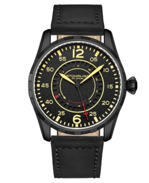 Stuhrling Men's Quartz Black Genuine Leather Strap Watch 44mm