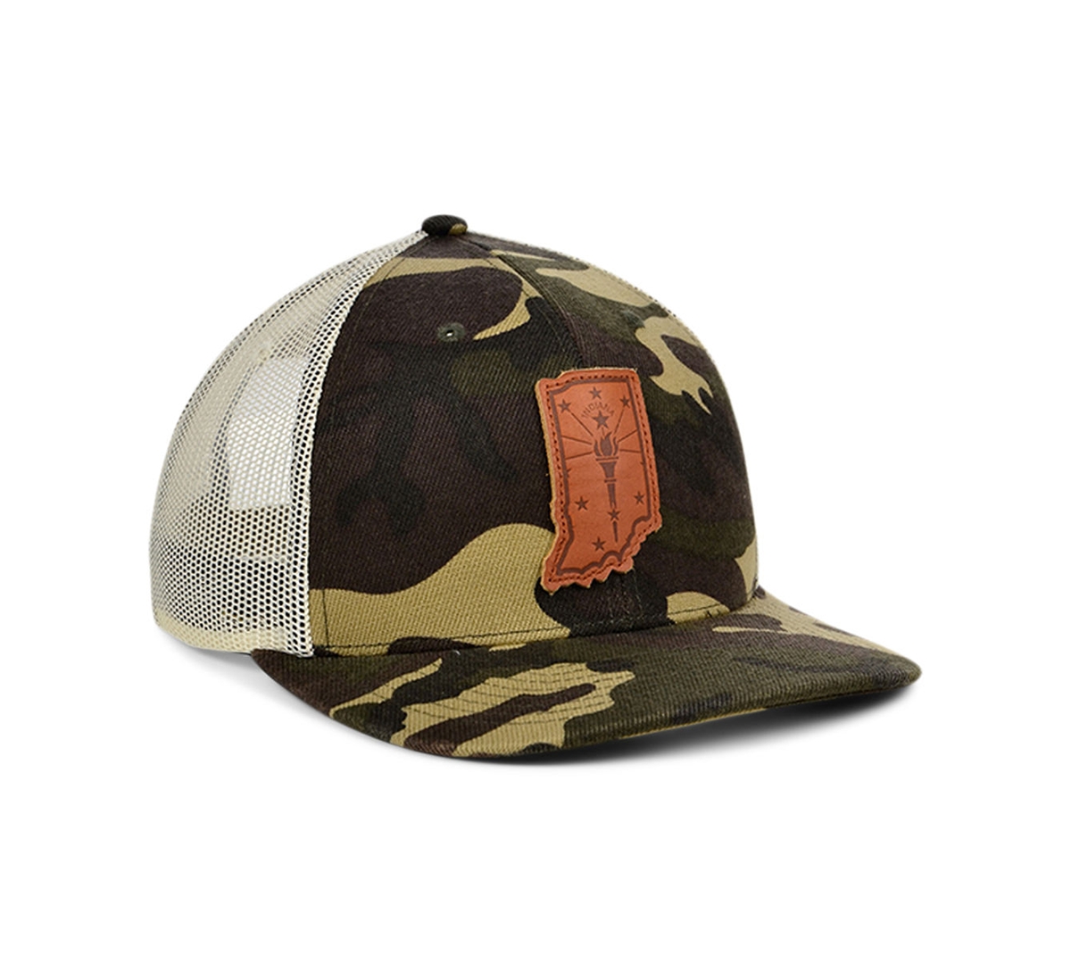 Shop Lids Local Crowns Indiana Woodland State Patch Curved Trucker Cap In Woodlandcamo,ivory,brown