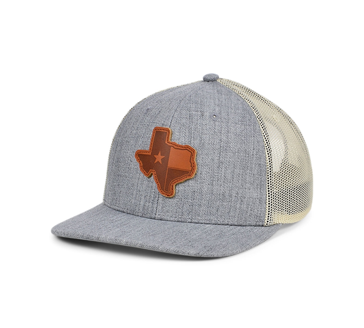 Local Crowns Texas Heather Leather State Patch Curved Trucker Cap - Heather Gray/White/Brown